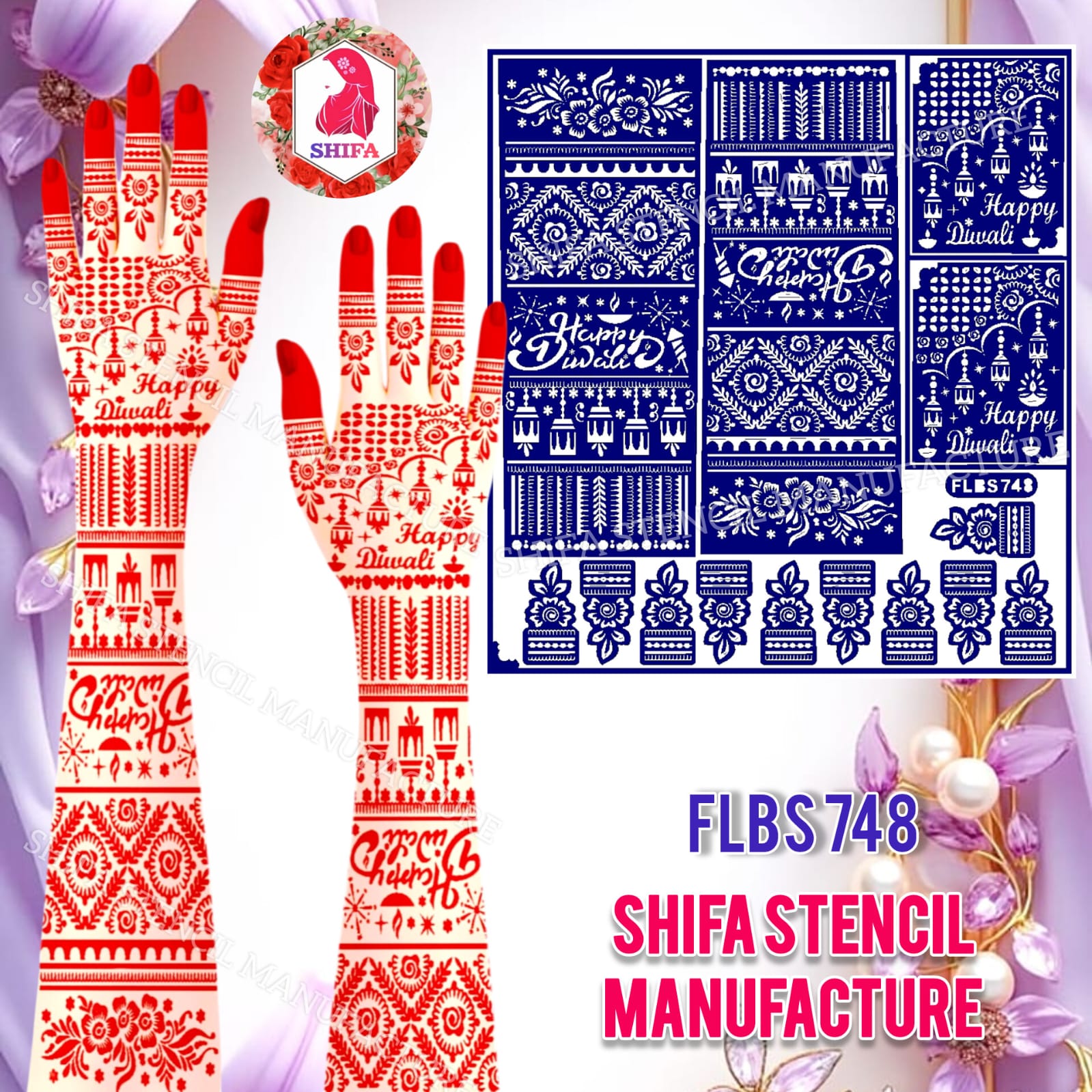 FLBS 748 Joyful Diwali Hand Design Sticker overview Henna Stencil - Shifa Stencil